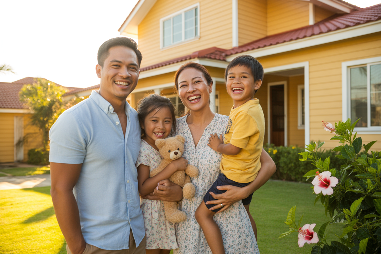 A happy family in front of their new home.